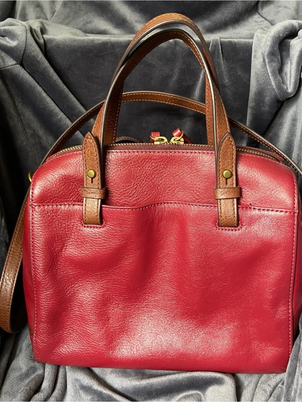 Fossil Rachel Leather Satchel Red Burgundy Crossbody Brown Handles Key Charm